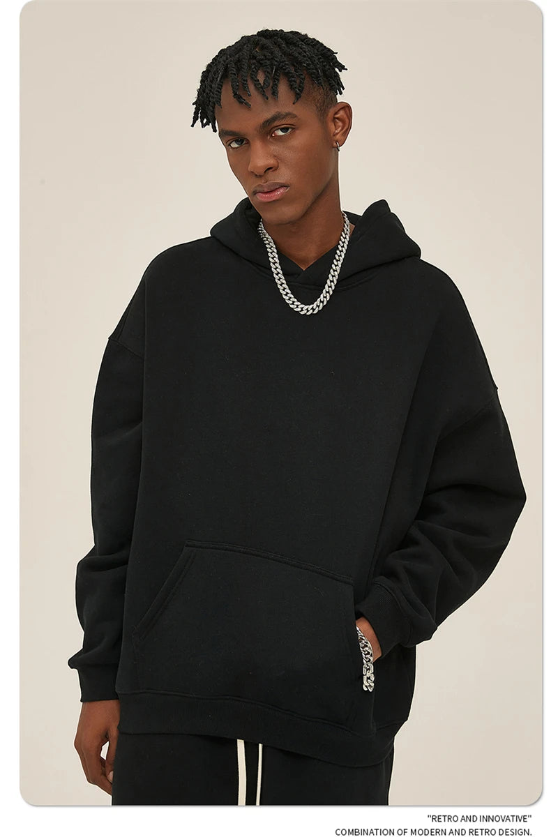 Thick 350gsm Fleece Hooded Hoodies For Men Unisex Winter Oversized Loose Basic Solid Sweatshirts Pullovers Coats HY0631