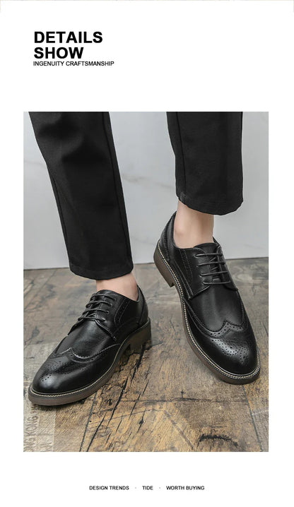 Retro leather shoes - men's brook engraved lace-up British business formal soft-soled fashionable casual trendy shoes