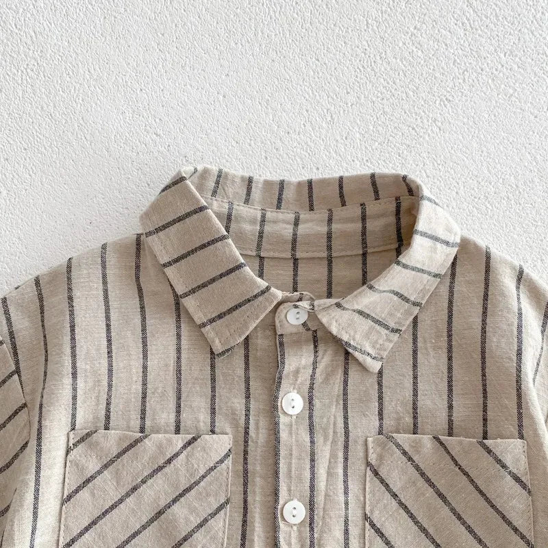 New Summer Korean Style Baby Boys Striped Outfits Cotton Linen Shirts Shorts 2pcs Children Casual Loose Sets