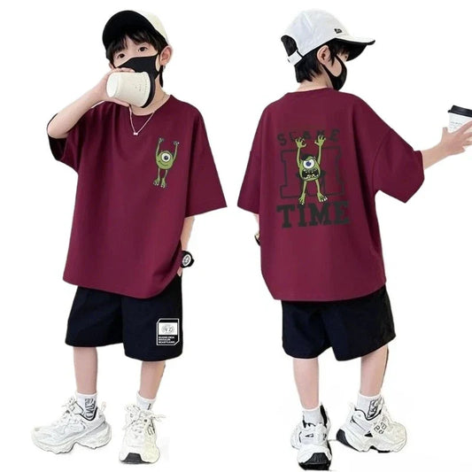 Summer Kids Boys T-Shirt+Shorts 2-Piece Set Printing Children Teen Loose Comfortable Sports Casual Clothes 7-17 Years Old