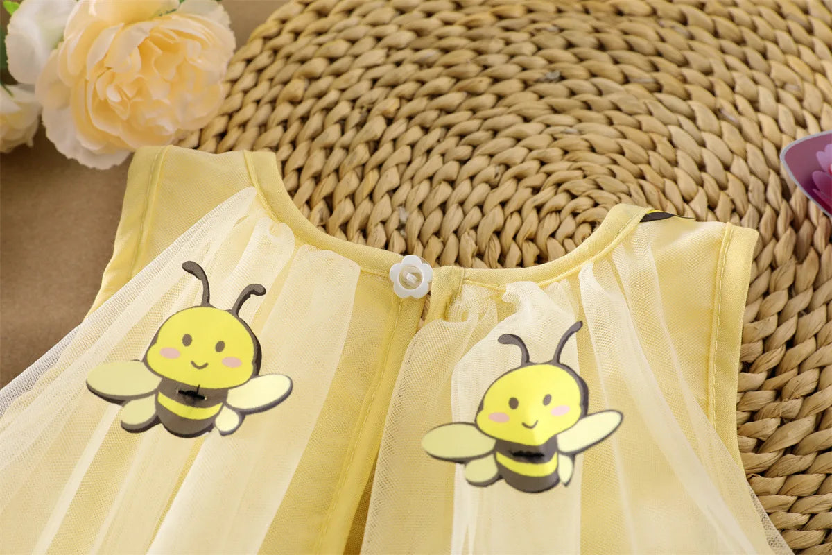 2026 Summer 12M-5Y Childrens Clothes Cute Bee Print Girls Dress with Tulle Skirt Sleeves Fluffy Dress for Girls