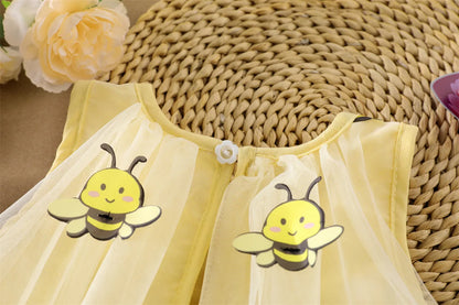 2026 Summer 12M-5Y Childrens Clothes Cute Bee Print Girls Dress with Tulle Skirt Sleeves Fluffy Dress for Girls