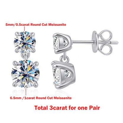 3cttw  Certified Oval/Round Cut Moissanite Diamond Drop Earrings for Women 100% 925 Sterling Silver Stud Earring Fine Jewelry