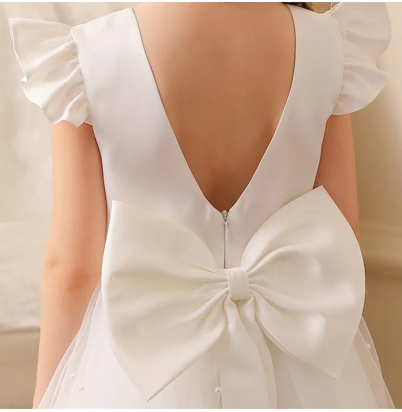 Summer Girl Flower Birthday Tulle Dress Backless Bow Wedding Gown Piano Kids Party Wear Princess Dress Baby Girl Bowknot Dresses