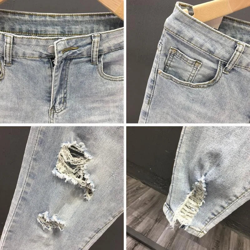 2023 Spring and Autumn New Men's Fashion Solid Color Ripped Jeans Men's Casual Comfort Elastic High-Quality Small Foot Pants