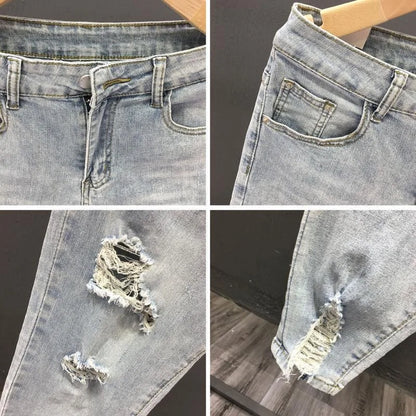 2023 Spring and Autumn New Men's Fashion Solid Color Ripped Jeans Men's Casual Comfort Elastic High-Quality Small Foot Pants