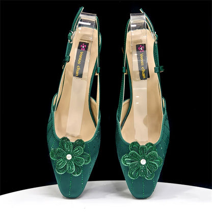 Novos Scarpins e Bolsa Italianos Para Festa 2026 Estilo INS Bico Fino Salto Alto Elegante Strass Verde Cunhado Feminino