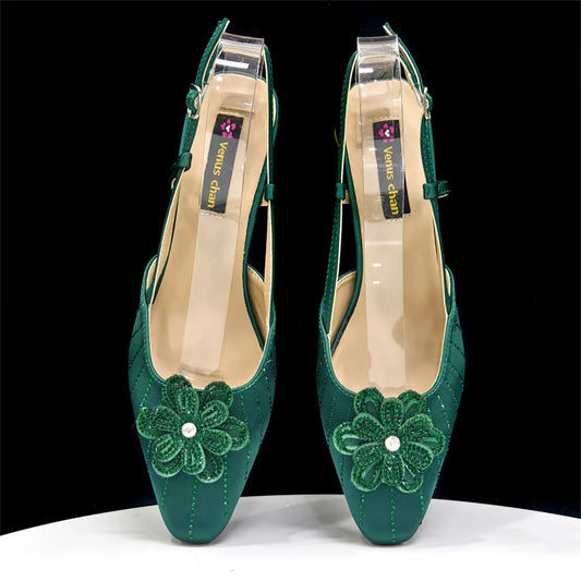 New Italian Pumps and Bag To Party 2026 INS Style Pointed-Toe Rhinestone Elegant High Heels Green Color Wedge for Women