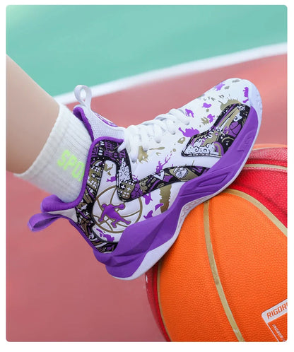 Original Children's Basketball Shoes Fashion Print Purple Basketball Sneakers Kids Training Shoes High Top Sports Shoes For Boys