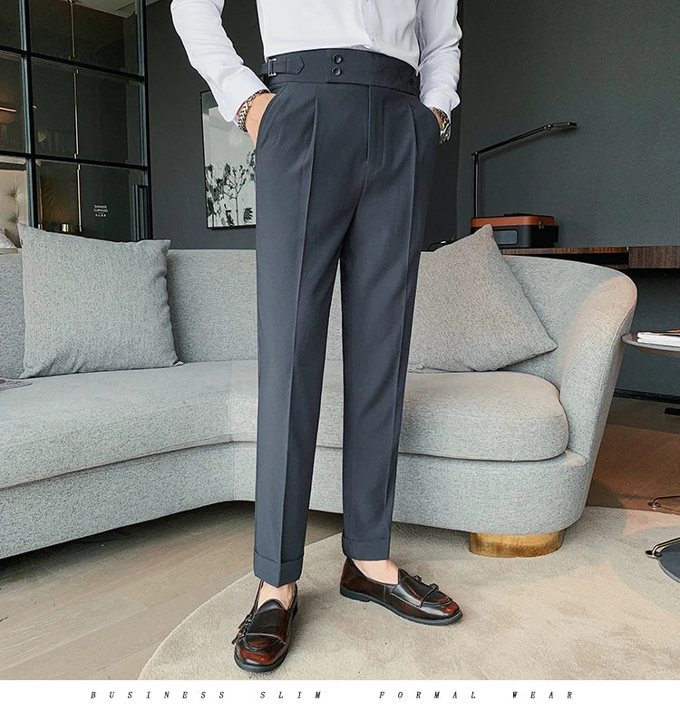 Men British Style Suits Pants New Male Solid High Waist Trousers High Quality Men Formal Slim Fit Business Casual Suit Pants
