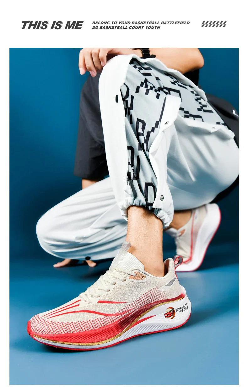 Sapatos de corrida esportivos casuais masculinos e femininos de moda com superfície de malha respirável, suporte de placa de carbono e sola de borracha resistente ao desgaste