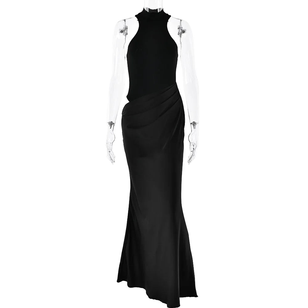 Satin Sexy Hollow Out Women Maxi Dress Black Sleeveless High Waist Dress Female Autumn Skinny Elegant Party Clubwear