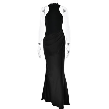 Satin Sexy Hollow Out Women Maxi Dress Black Sleeveless High Waist Dress Female Autumn Skinny Elegant Party Clubwear