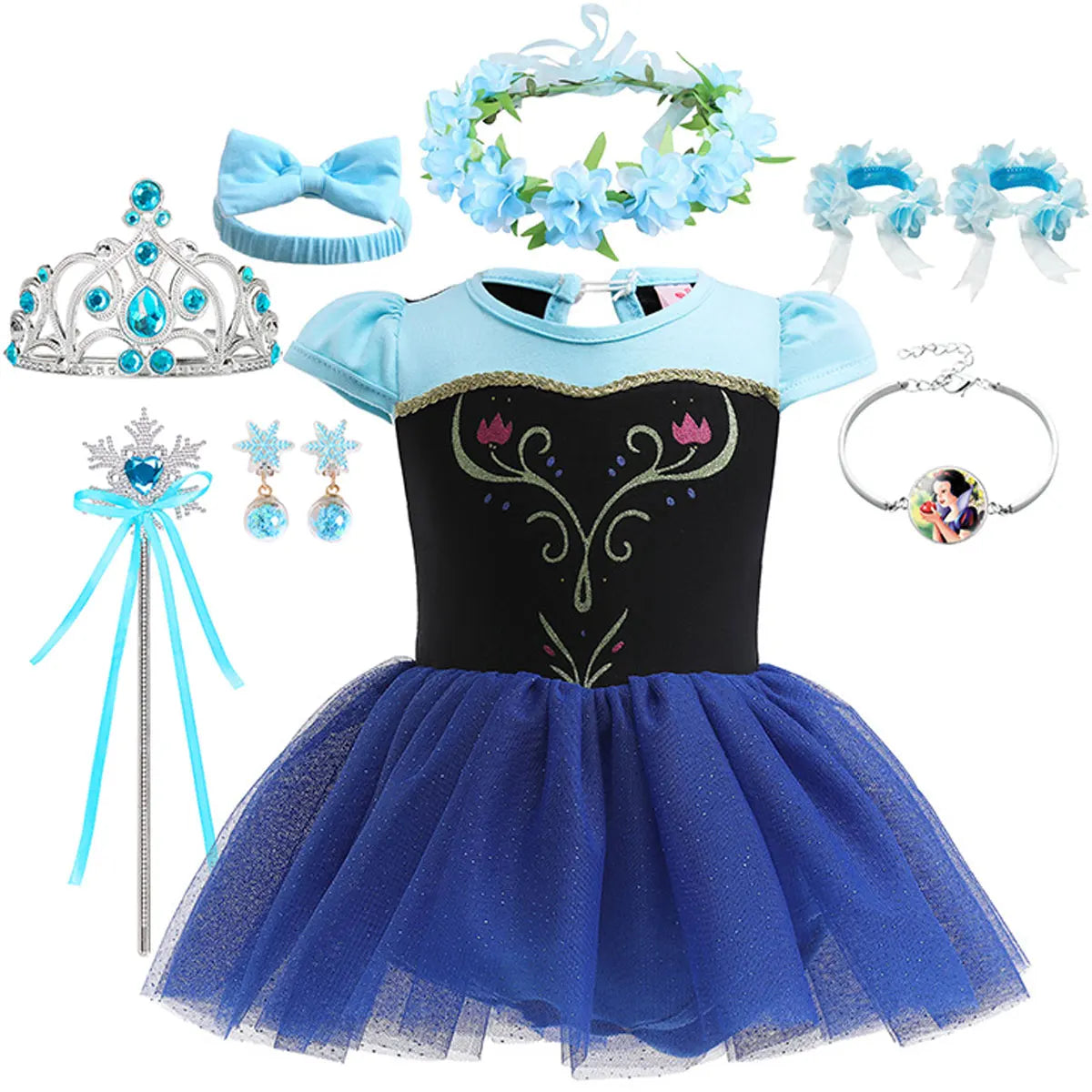 New Infant Baby Romper Blue Dress Snow White Elsa Anna Costume Cute Design Baby Cotton Dress+Headband Accessories Set