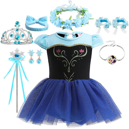 New Infant Baby Romper Blue Dress Snow White Elsa Anna Costume Cute Design Baby Cotton Dress+Headband Accessories Set