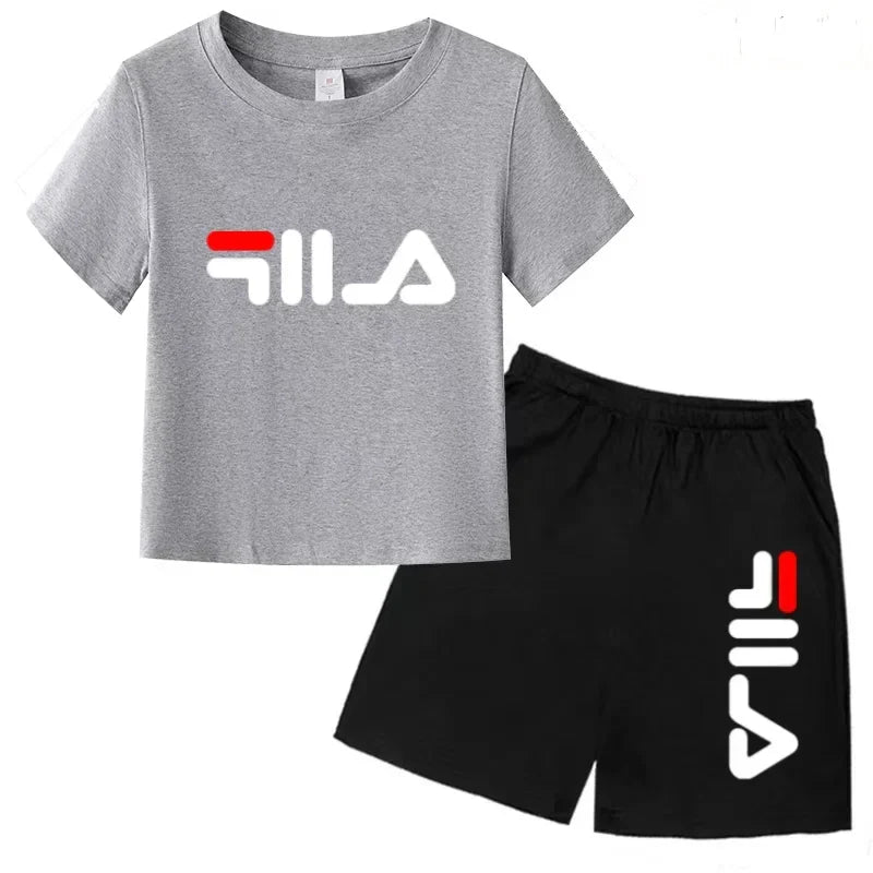 Kids Gift Sports Short-Sleeved Round Neck Black Letters Fashion White T-shirt+Shorts Summer Boy Girl Casual Outdoor Jogging Suit