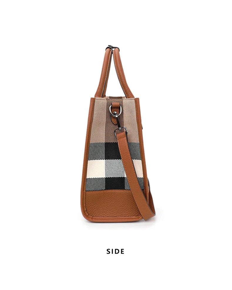 Fashion Plaid Canvas Women's Handbag Classic Versatile Large Capacity Cowhide Single Shoulder Crossbody Bag