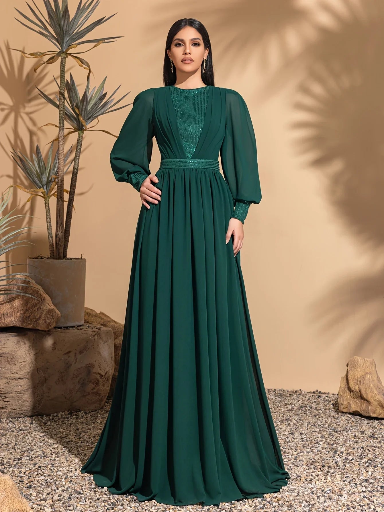 Long sleeve mesh sequins stitching elegant party dress, ladies maxi dress, party dress