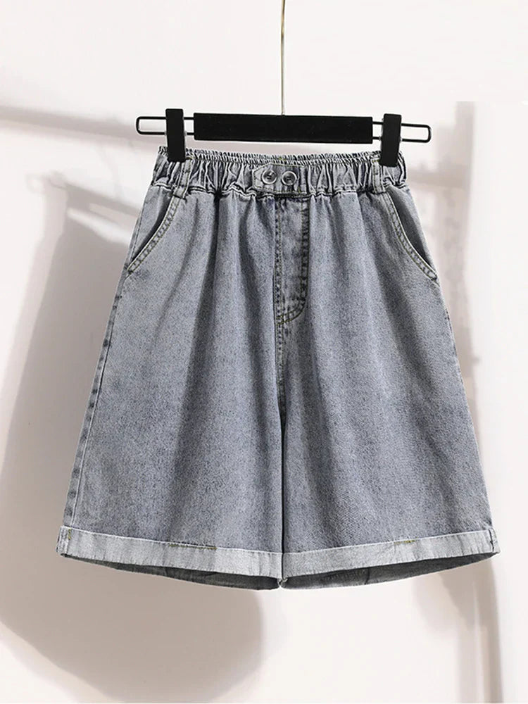 Plus Size Shorts For Women 2024 Summer New Arrivals High Elastic Waist Crimping Wide Leg Loose Streetwear Blue Jeans Shorts