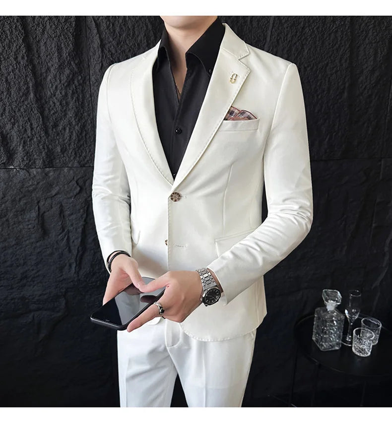 Men's Korean Style Slim Fit Suit Set, High Quality Fabric Solid Color Edge Pressing for Wedding Business