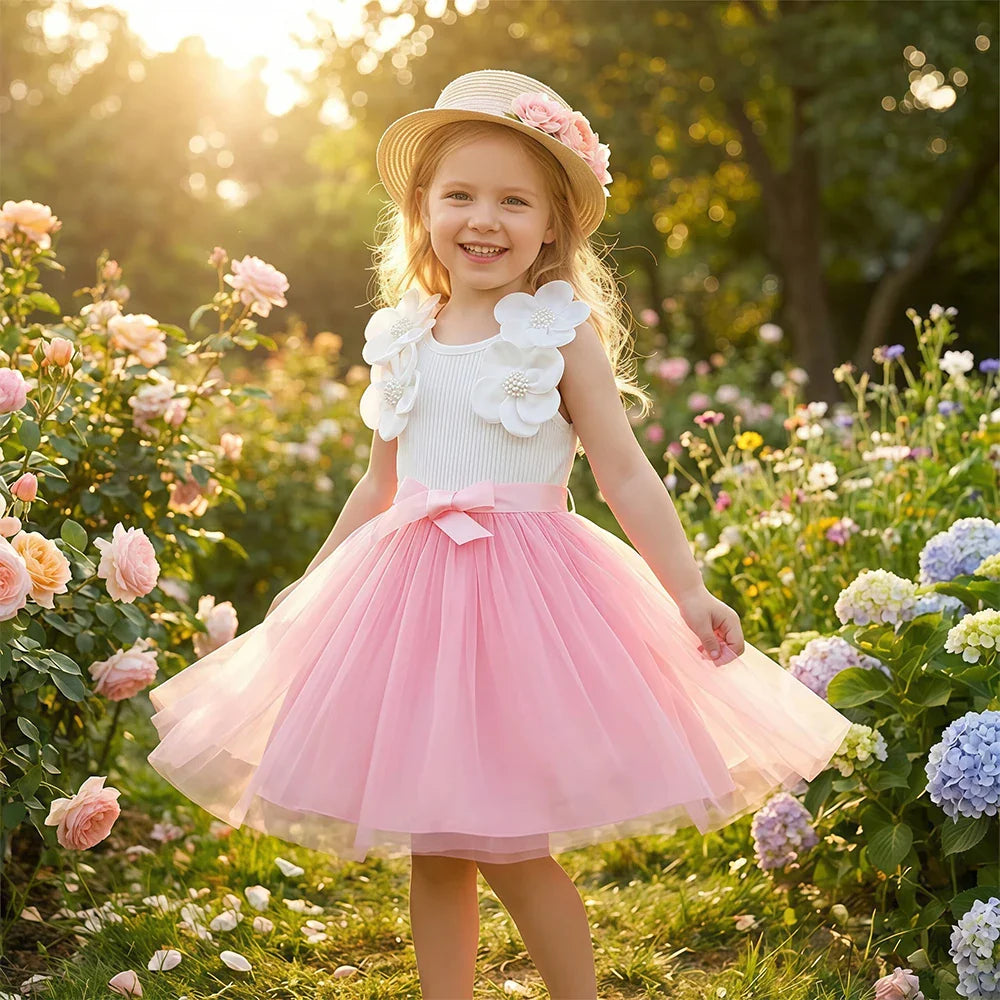 Vestido de Aniversário Infantil Menina Sem Mangas Elegante Flor 3D Tule Princesa Vestido de Verão 3-7 Anos Malha Doce Roupa Presente de Aniversário