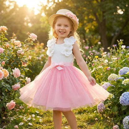 Vestido de Aniversário Infantil Menina Sem Mangas Elegante Flor 3D Tule Princesa Vestido de Verão 3-7 Anos Malha Doce Roupa Presente de Aniversário