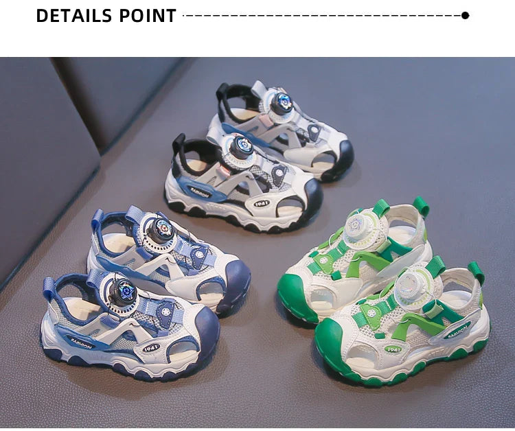 Kids Shoes Rotating Button Closed-Toe Boys Sandals Breathable Mesh Sport Shoes for Boys, Non-Slip Children Summer Sneakers