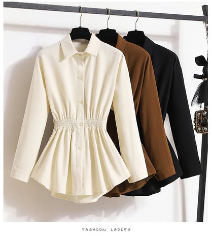 2026 Women's Plus Size Blouse Korean Style Spring Autumn Loose Elegant Casual Mid-length Tops Long Sleeved Waist Cinching Shirts