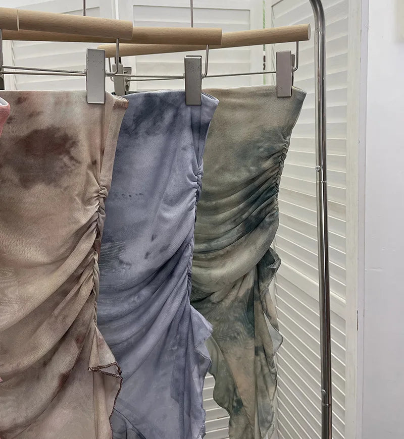 Tie Dye Summer Tops for Women Y2K Strapless Sleeveless Asymmetrical Ruffle Fishtail Ruched Stretch Mesh Vintage Clothes