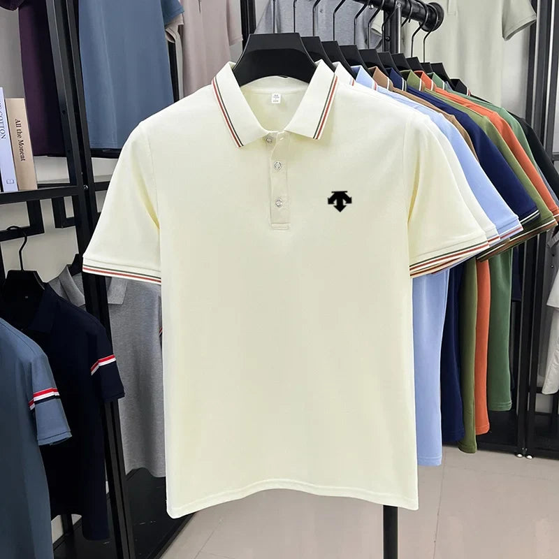Men's Summer Solid Color Cool Breathable Luxury Polo Shirt Business Casual Collar T-shirt Short Sleeve Top