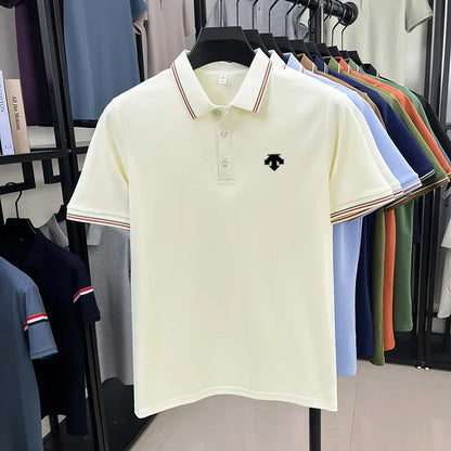 Men's Summer Solid Color Cool Breathable Luxury Polo Shirt Business Casual Collar T-shirt Short Sleeve Top