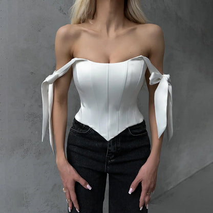 Bandage White Corset Top Women Elegant Black Satin Bustier Fishbone Zip Sexy Sleeveless Streetwear Fashion Summer Blue Clothes
