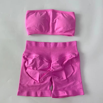 2 Pieces Yoga Set Women Backless Bandeau Sports Bra Scrunch Shorts Yoga Clothing Workout Clothes Outfits Sets Gym Set
