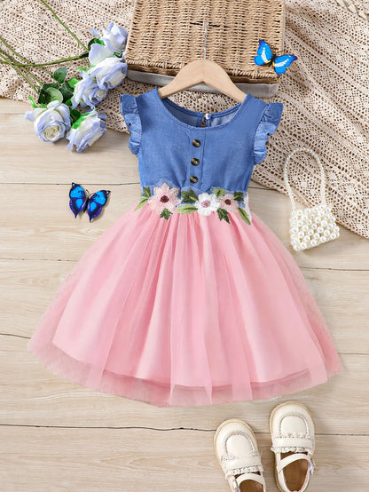 Vestido de Verão de Tela para Meninas, Jeans Falso, Gola Redonda com Babados, Carcela Falsa de Renda Bordada, Praia, Férias, Festa, Presente