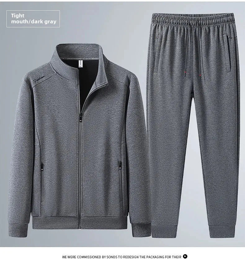 Spring Autumn New Men's Cotton Sports Suit Stand Collar Sweatshirt Middle-Aged And Elderly Casual Stylish Cardigan Loose-Fit 2-P