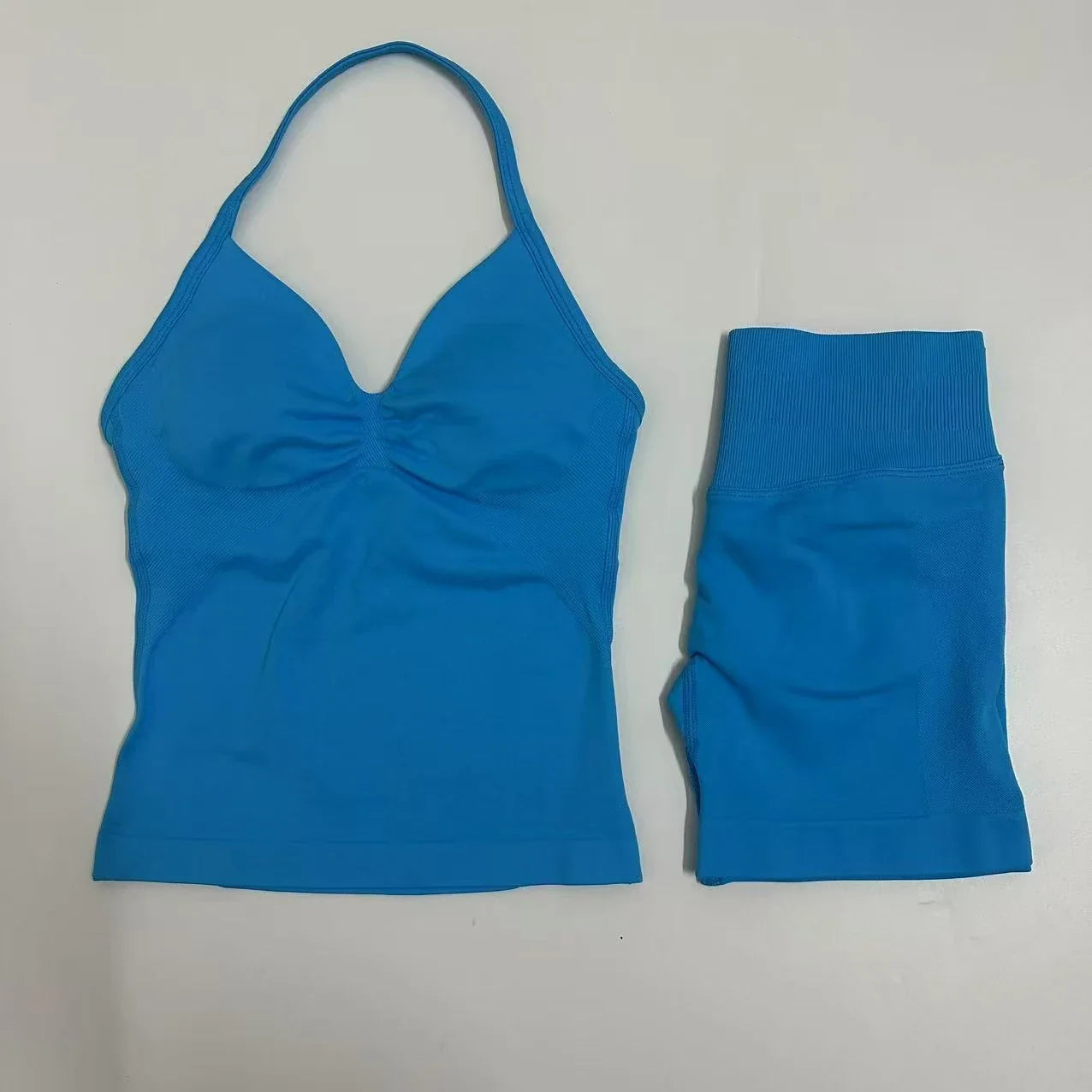 Women Yoga Set Seamless Yoga Longline Strappy Tank Top Scrunch Sports Shorts Gym Clothes Woman Summer Workout Outfit