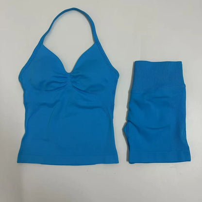 Women Yoga Set Seamless Yoga Longline Strappy Tank Top Scrunch Sports Shorts Gym Clothes Woman Summer Workout Outfit