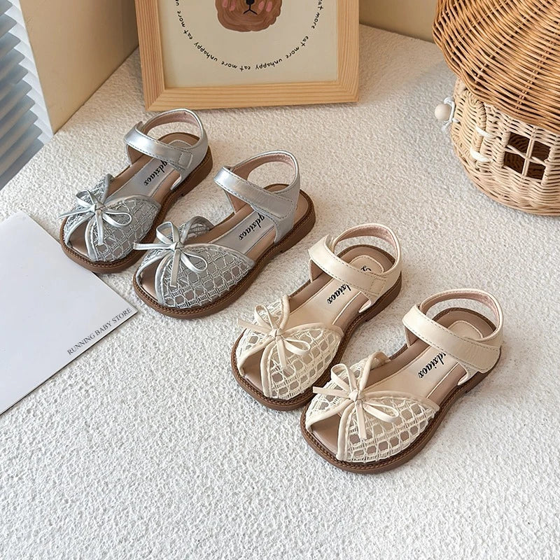 New Summer Girls Sandals Princess Beach Shoes Braided Peep-toe Kids Sandals Butterfly-knot Sweet Soft Breathable Footwear I10317