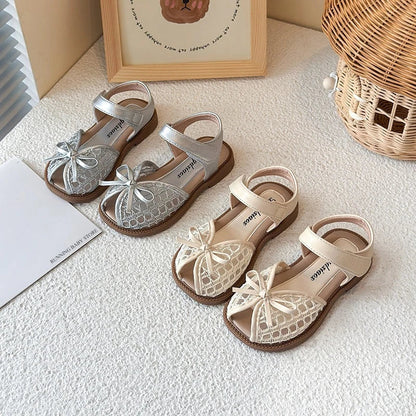 New Summer Girls Sandals Princess Beach Shoes Braided Peep-toe Kids Sandals Butterfly-knot Sweet Soft Breathable Footwear I10317