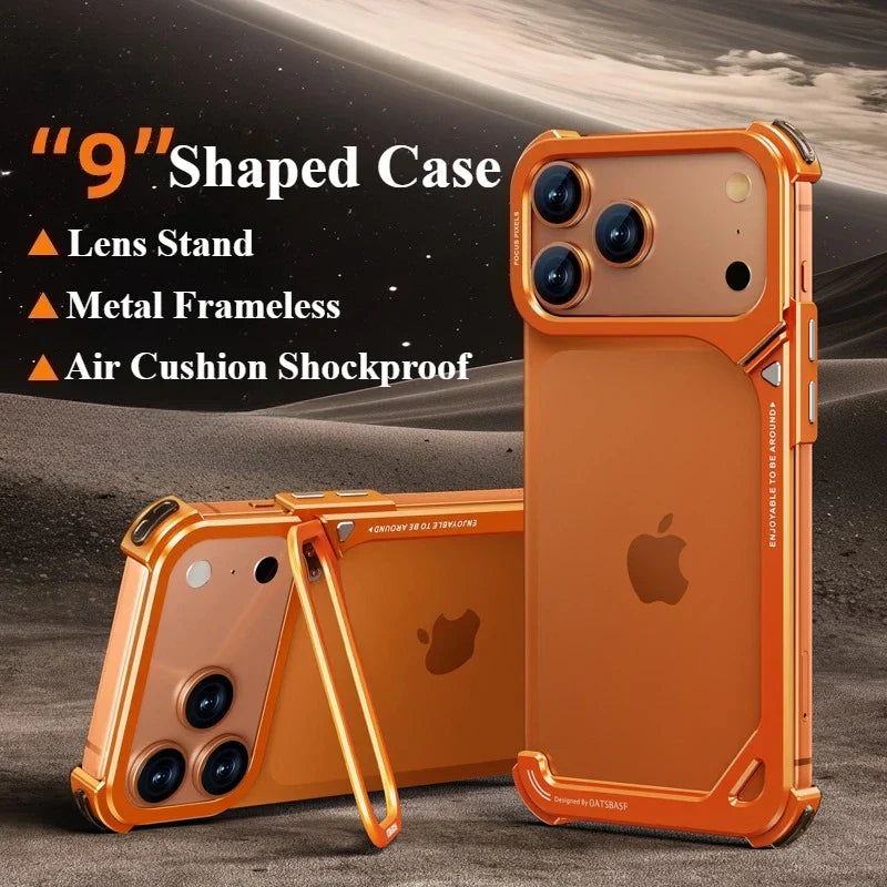 9-Shaped Phone Case for iPhone 17 Pro Max 17 Pro for Magsafe With Lens Holder Stand Metal Frameless Bumper Anti-Drop Shells