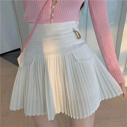 Fashions White Pleated Skirt Women High Waist Skater Skirt Female Korean A-Line High Fashion Casual Short Skirt Women Bottoms