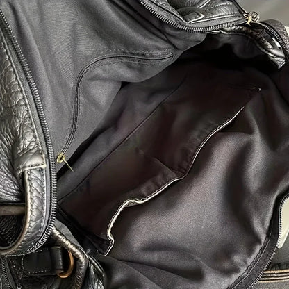Y2K Spicy Girl One Shoulder Crossbody Bag Vintage Washed Leather Motorcycle Bag Large Capacity Bag