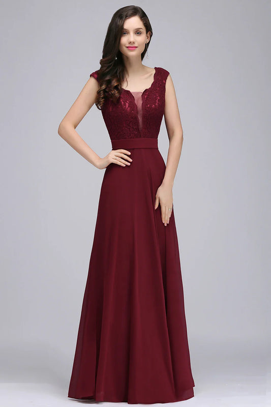 2024 Sexy Ilusão Gola O Elegante Vestido de Noite Longo Borgonha Renda Sem Mangas Linha A Chiffon Vestido de Festa Formal Vestidos de Formatura