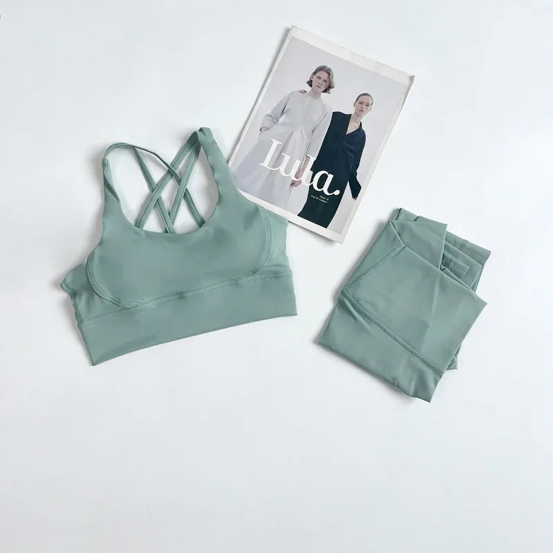 2 Pieces Yoga Set Women Gym Set Workout Clothes Sports Suits High Waist Leggings Cross Straps Fitness Bra Running Tracksuit👚👍️