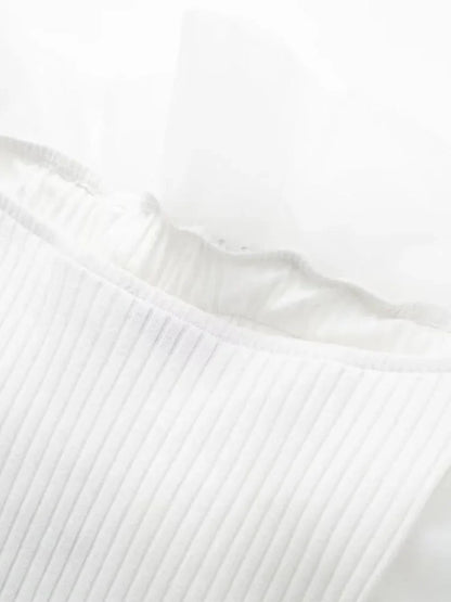Women Fashion Ribbed Bodysuit With Organza Ruffle Vintage High Elastic Sexy y2k Female Chic Lady Tops body femme