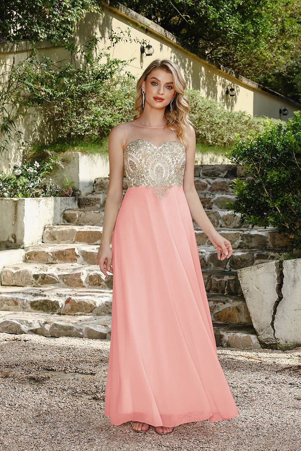 Elegant Sweetheart Prom Dress with Gold Embroidered Bodice & Flowing Chiffon Skirt for Homecoming & Formal Events