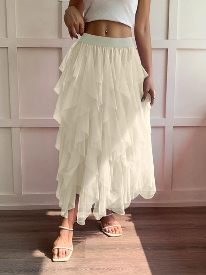 Medium waist chiffon long skirt for women, irregular layered pleated edge layered cake skirt, elegant fairy A-line skirt