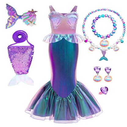 Summer Little Mermaid Ariel Girl Dress Cosplay Carnival Halloween Costumes Birthday Party Princess Dress for Girls Mermaids Gown