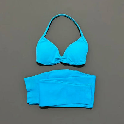 2 Piece Sports Set Women Yoga Backless Halter Bra High Waist Scrunch Seamless Pants Sport Suit Gym Sportswear Workout Set