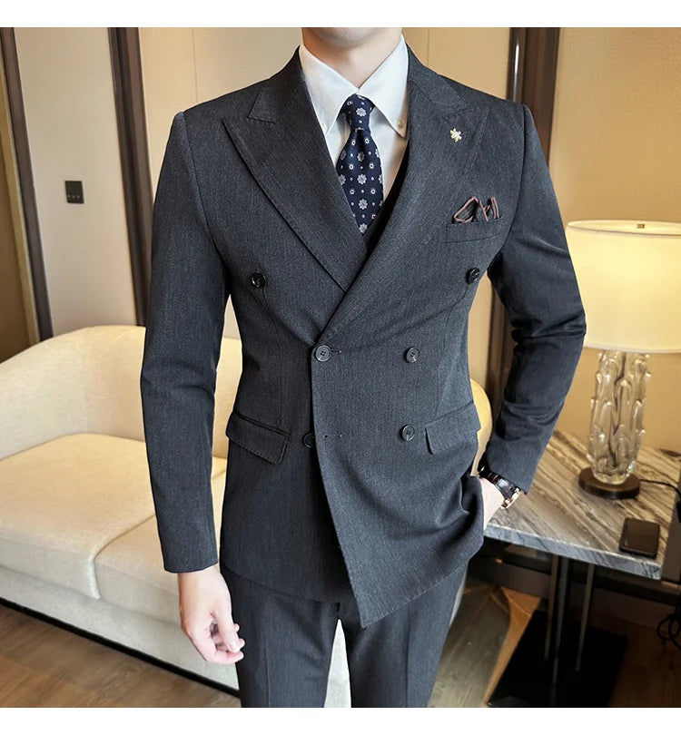 (Jackets+Pants) Luxury Double Breasted Design Slim Fit Suit High Quality Fashion Men's Wedding Social Suit Tuxedo 2 Piece Set
